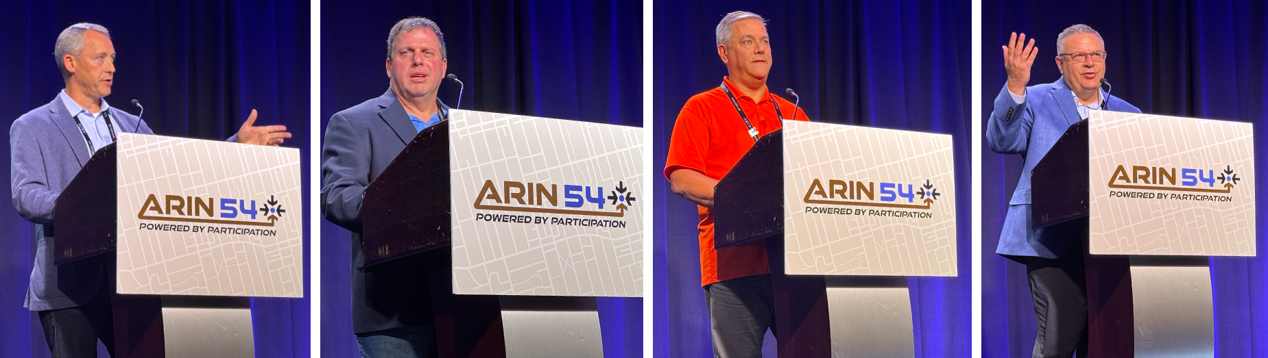 From left to right: Christian Johnson, Mark Kosters, Brad Gorman, and Joe Westover present departmental updates at ARIN 54