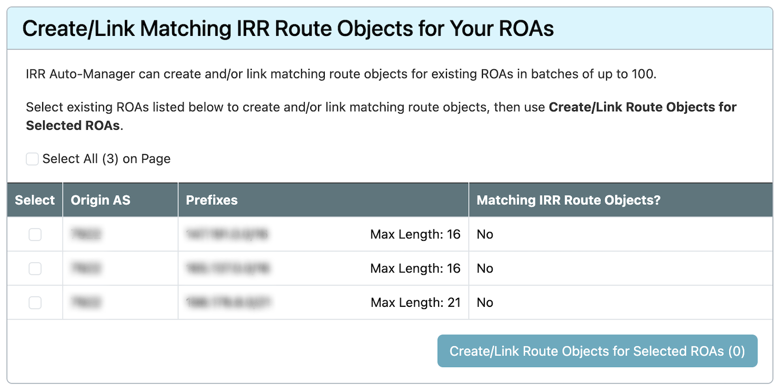 Screenshot of Create/Link Matching IRR Route Objects for Your ROas in ARIN Online