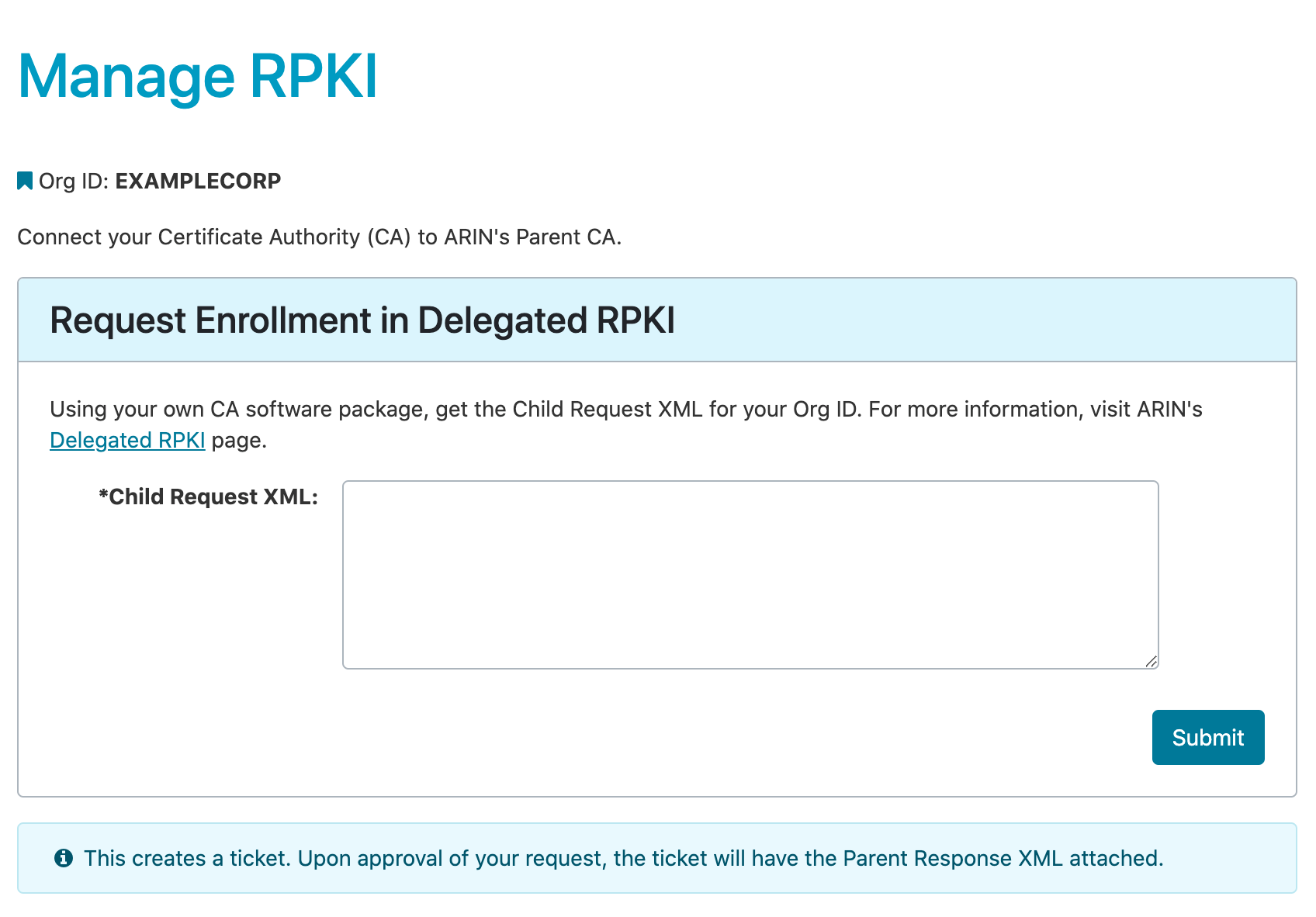 Screen for Configure Delegated page for pasting XML