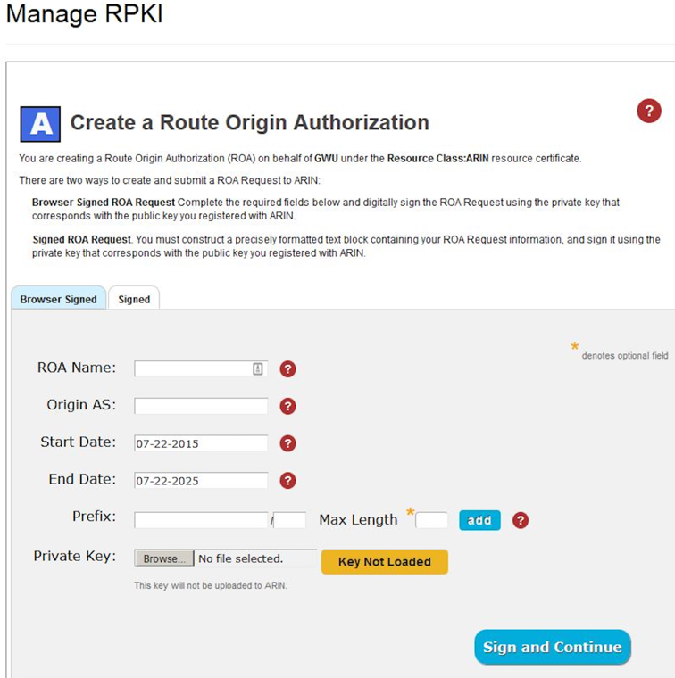 An image of the interface for creating a ROA